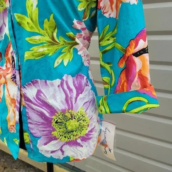 Rene Derhy Cotton Floral Blouse Button Shirt Womens Colorful Medium Beaded - Picture 6 of 11